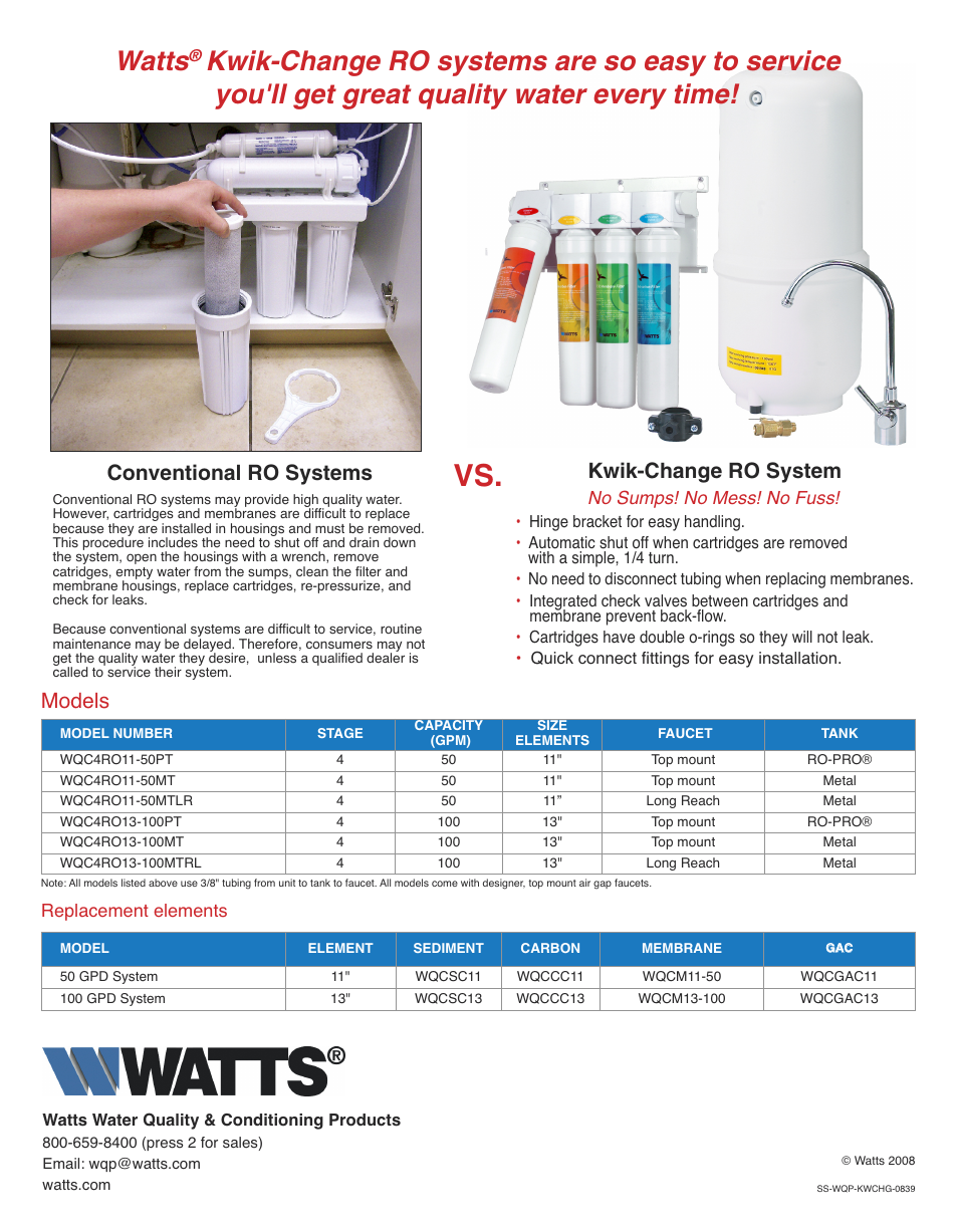 Watts, Models, Conventional ro systems | Kwik-change ro system, Replacement elements, No sumps! no mess! no fuss | Watts WQC4RO13-100PT User Manual | Page 2 / 2