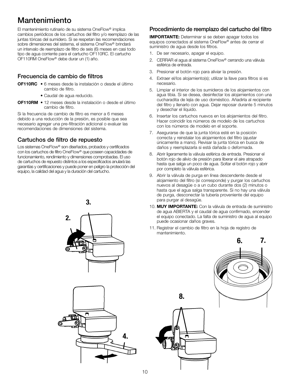 Mantenimiento, Frecuencia de cambio de filtros, Cartuchos de filtro de repuesto | Procedimiento de reemplazo del cartucho del filtro | Watts OF210-1 User Manual | Page 10 / 20