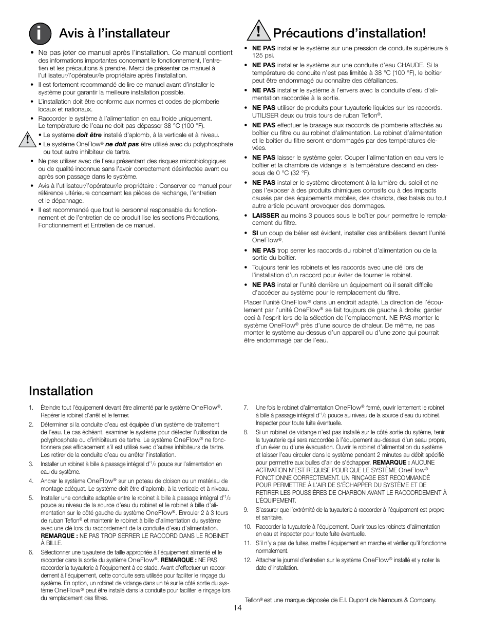 Avis à l’installateur, Précautions d’installation, Installation | Watts OF210-1 User Manual | Page 14 / 20