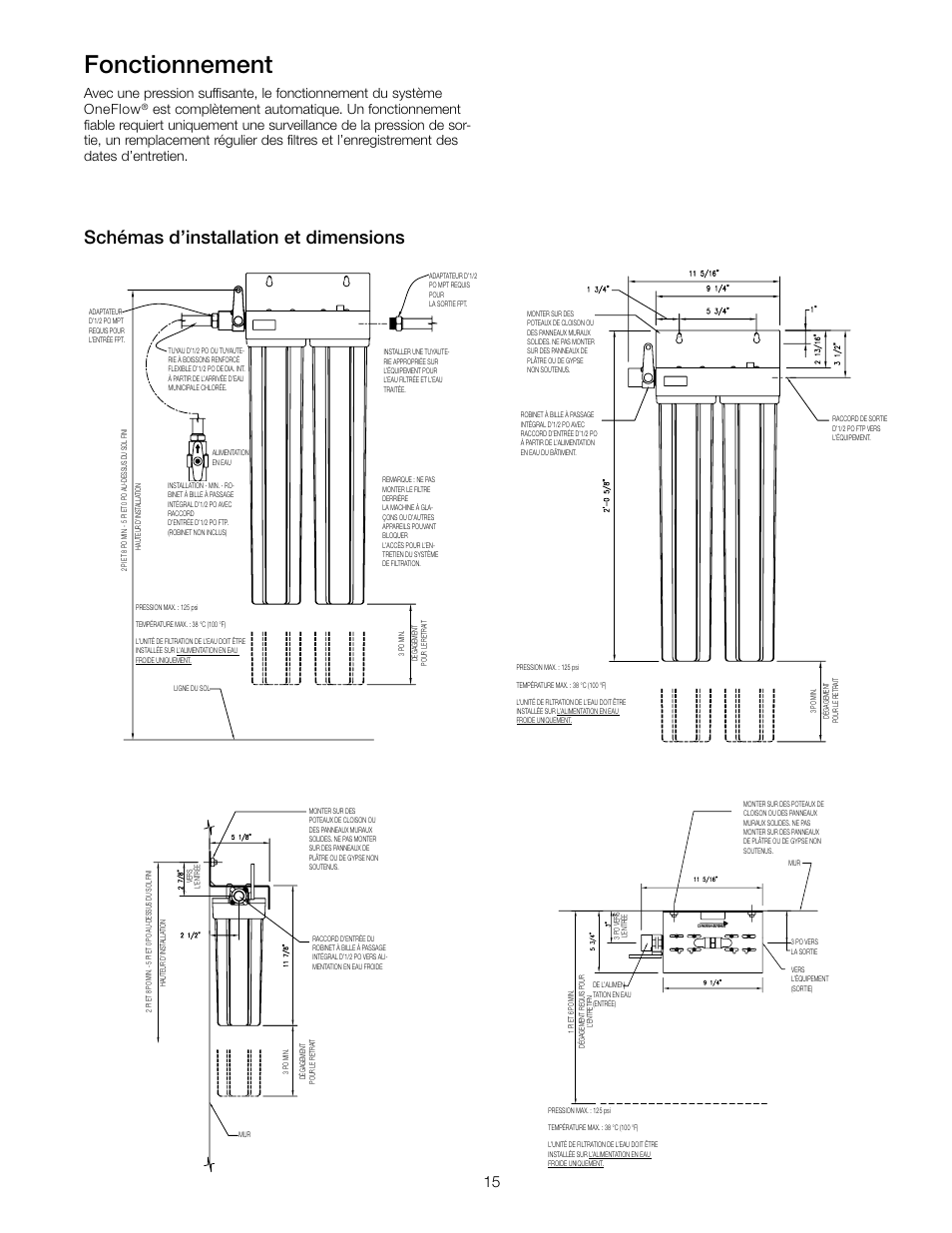 Fonctionnement, Schémas d’installation et dimensions | Watts OF210-1 User Manual | Page 15 / 20