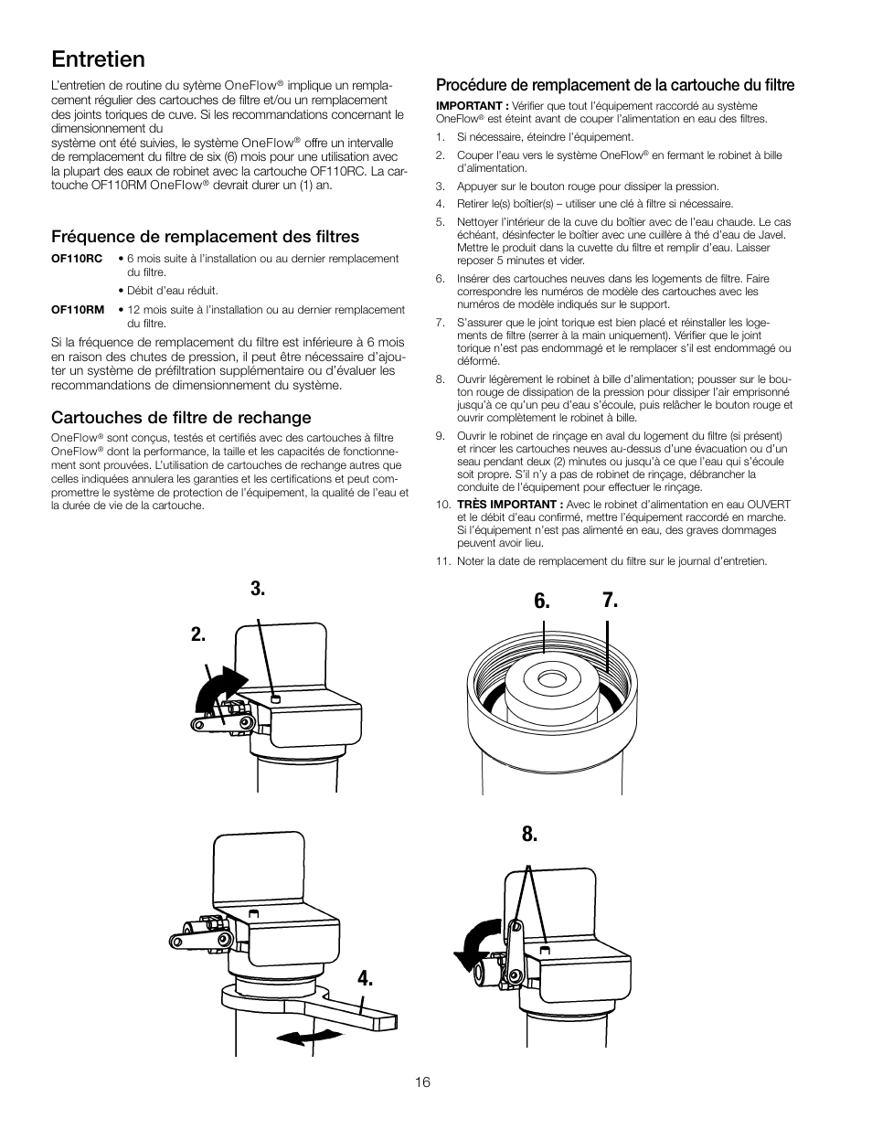 Entretien, Fréquence de remplacement des filtres, Cartouches de filtre de rechange | Watts OF210-1 User Manual | Page 16 / 20