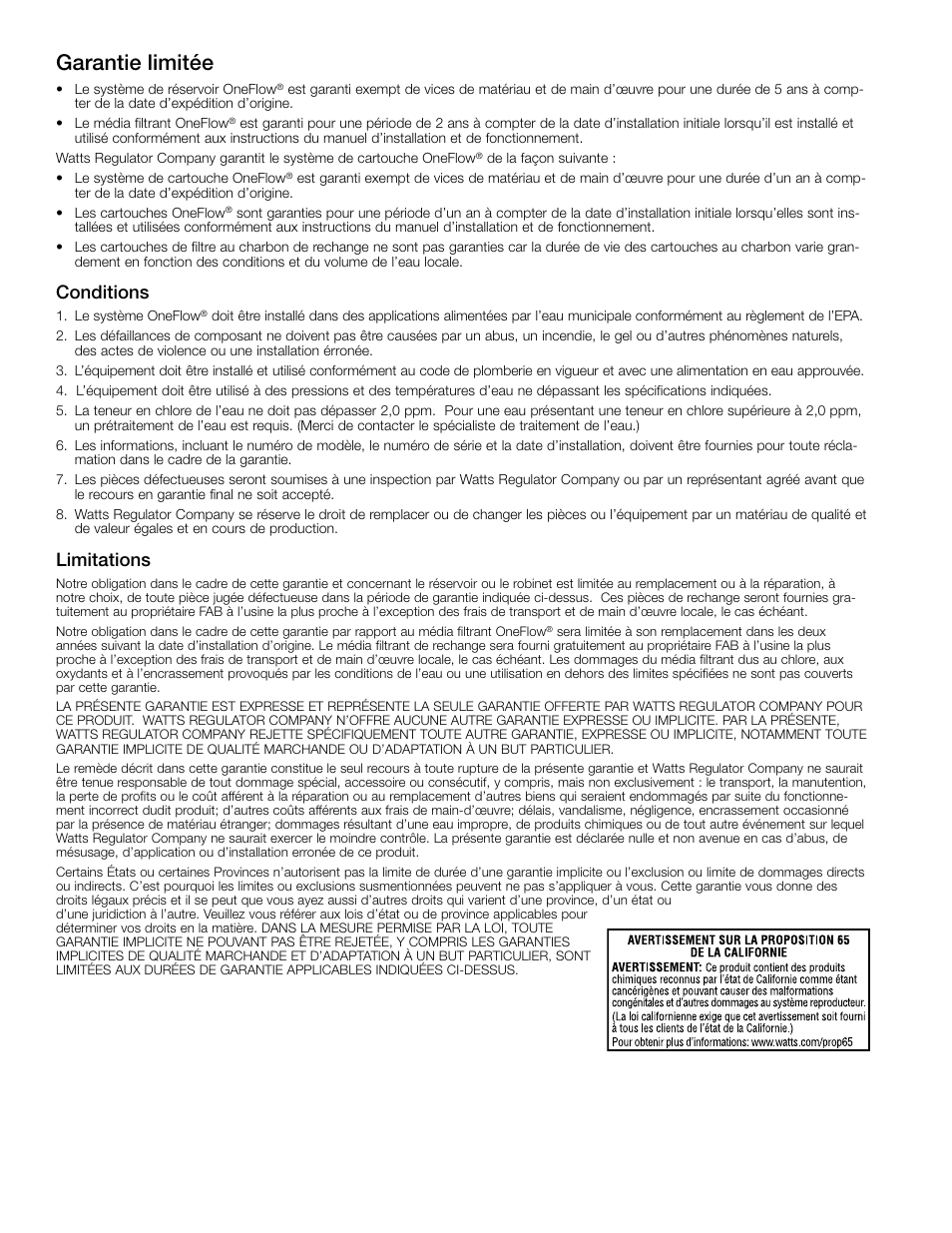 Garantie limitée, Conditions, Limitations | Watts OF210-1 User Manual | Page 18 / 20