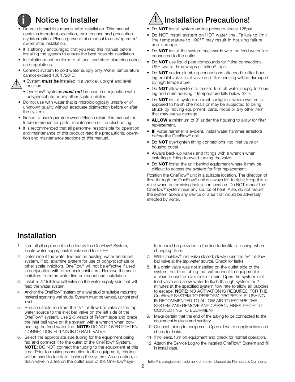 Notice to installer, Installation precautions, Installation | Watts OF210-1 User Manual | Page 2 / 20