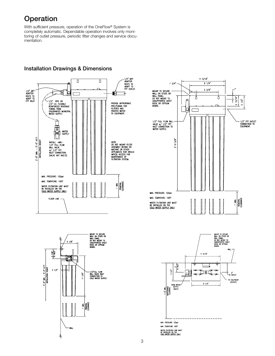 Operation, Installation drawings & dimensions | Watts OF210-1 User Manual | Page 3 / 20