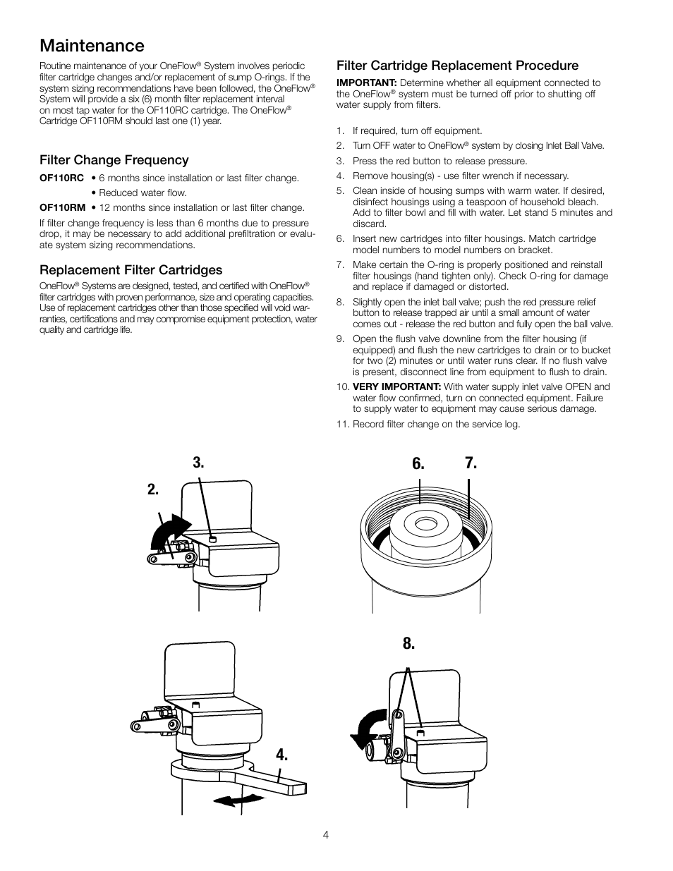 Maintenance, Filter change frequency, Replacement filter cartridges | Filter cartridge replacement procedure | Watts OF210-1 User Manual | Page 4 / 20