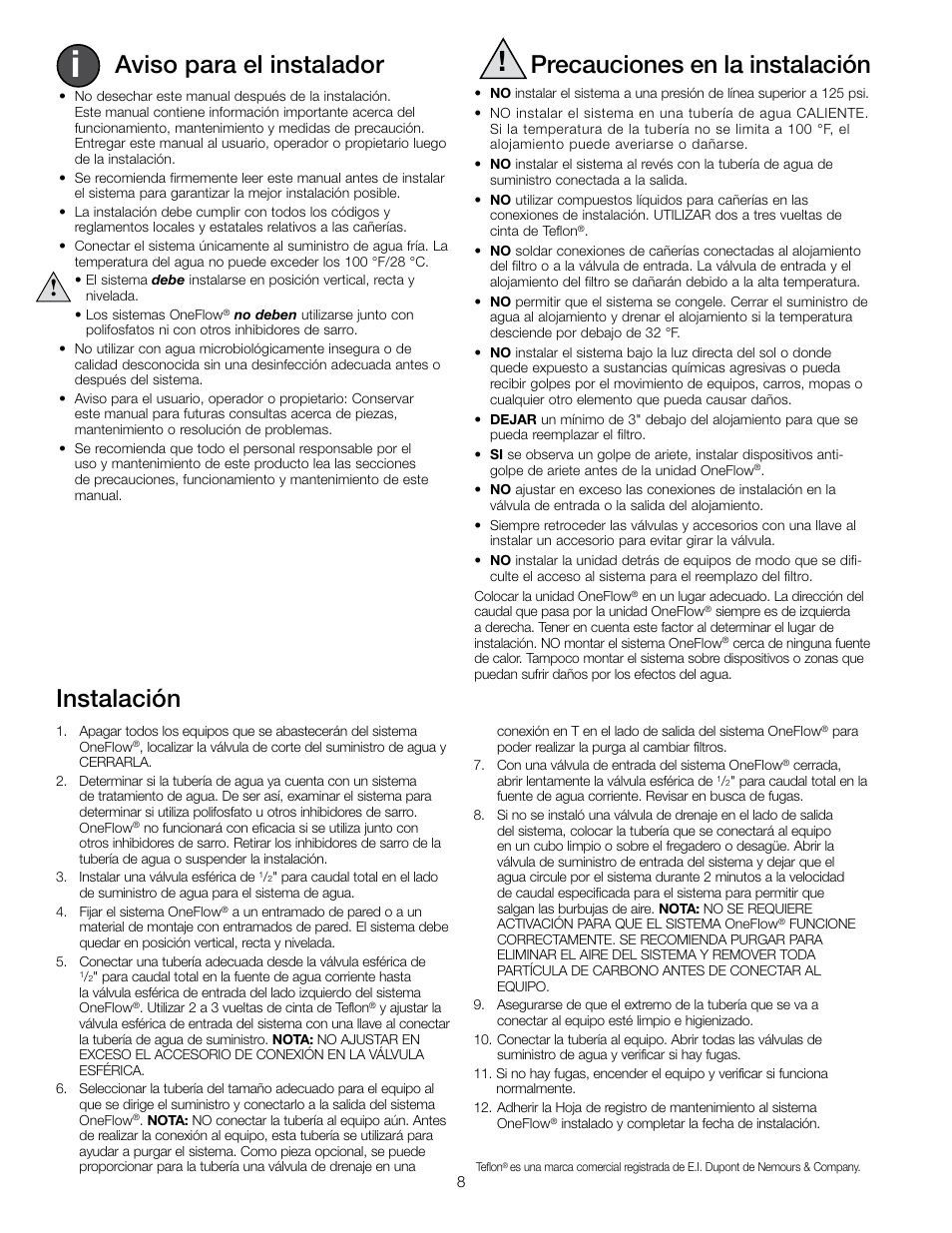 Aviso para el instalador, Precauciones en la instalación, Instalación | Watts OF210-1 User Manual | Page 8 / 20