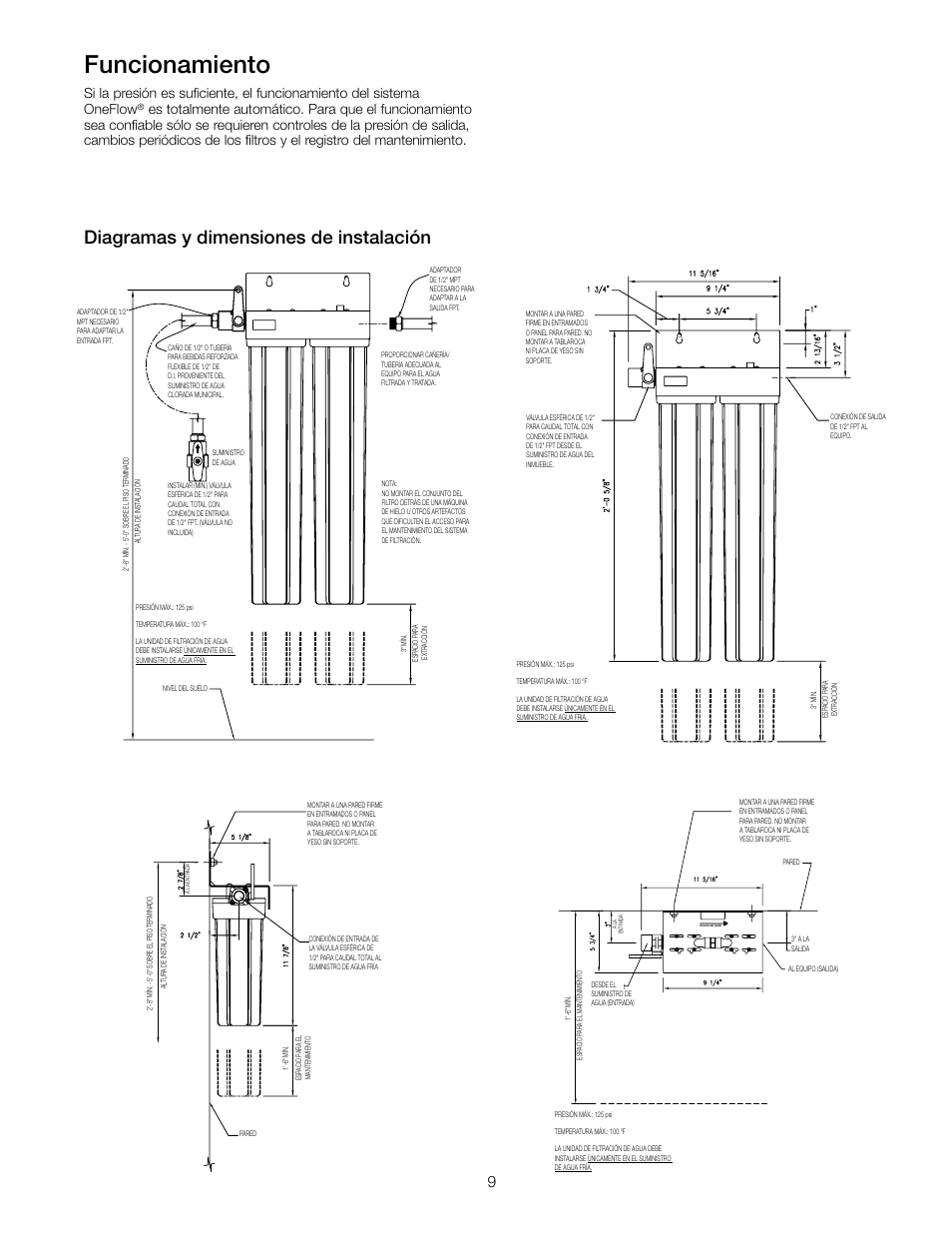 Funcionamiento, Diagramas y dimensiones de instalación | Watts OF210-1 User Manual | Page 9 / 20