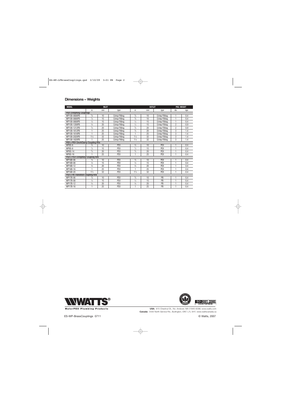 Dimensions – weights | Watts WP8S User Manual | Page 2 / 2