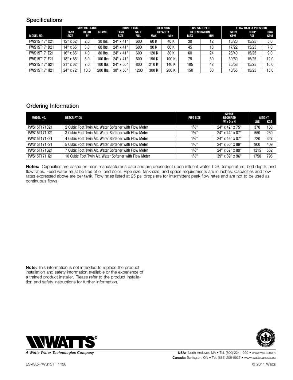 Specifications, Ordering information | Watts PWS15T (3-10CUFT) User Manual | Page 3 / 3