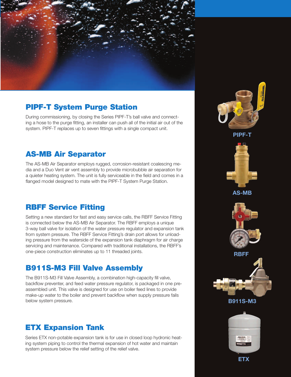 Pipf-t system purge station, As-mb air separator, Rbff service fitting | B911s-m3 fill valve assembly, Etx expansion tank | Watts HP-BHM User Manual | Page 3 / 4