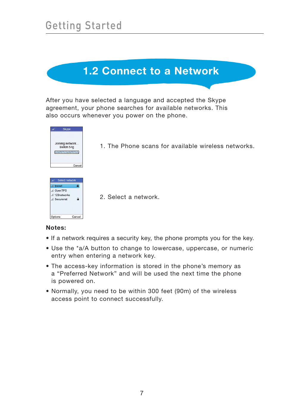 Getting started, 2 connect to a network | Belkin Wi-Fi Phone for Skype F1PP000GN-SK User Manual | Page 11 / 50