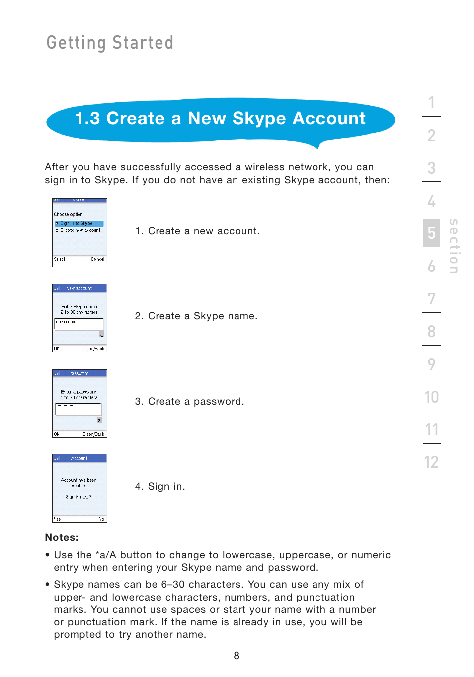 Getting started, 3 create a new skype account, Se ct io n | Belkin Wi-Fi Phone for Skype F1PP000GN-SK User Manual | Page 12 / 50