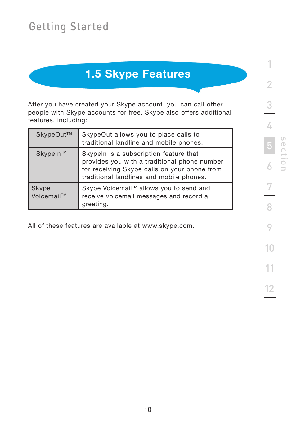 Getting started, 5 skype features, Se ct io n | Belkin Wi-Fi Phone for Skype F1PP000GN-SK User Manual | Page 14 / 50