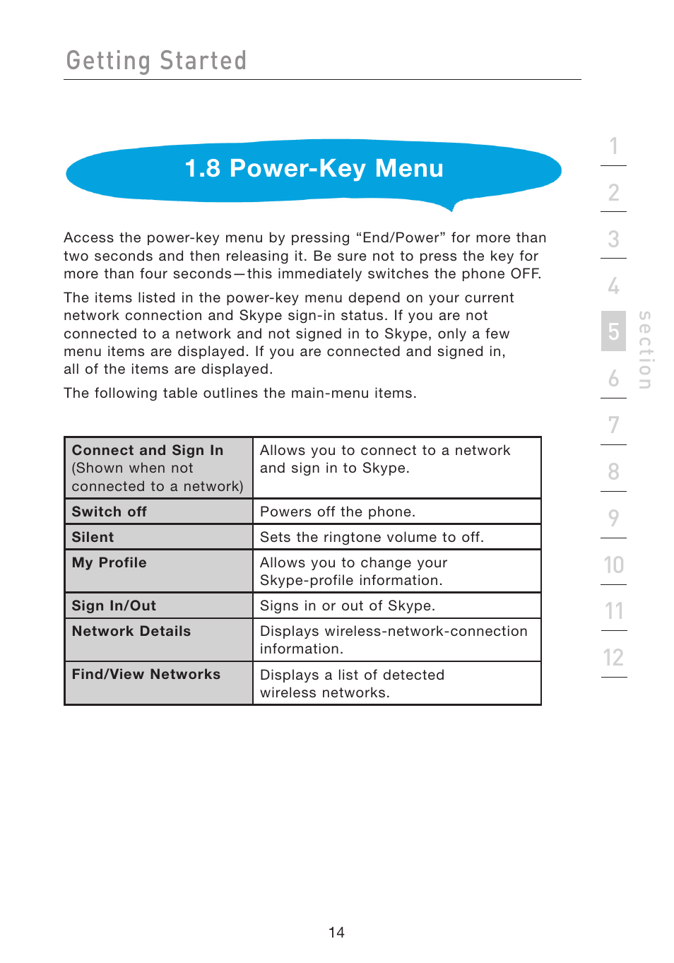 Getting started, 8 power-key menu | Belkin Wi-Fi Phone for Skype F1PP000GN-SK User Manual | Page 18 / 50