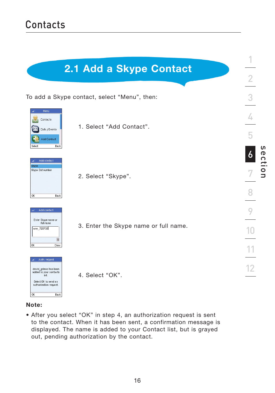 Contacts, 1 add a skype contact | Belkin Wi-Fi Phone for Skype F1PP000GN-SK User Manual | Page 20 / 50