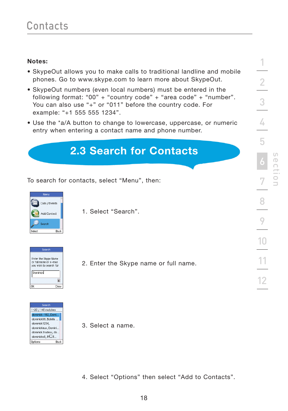 Contacts, 3 search for contacts, Se ct io n | Belkin Wi-Fi Phone for Skype F1PP000GN-SK User Manual | Page 22 / 50