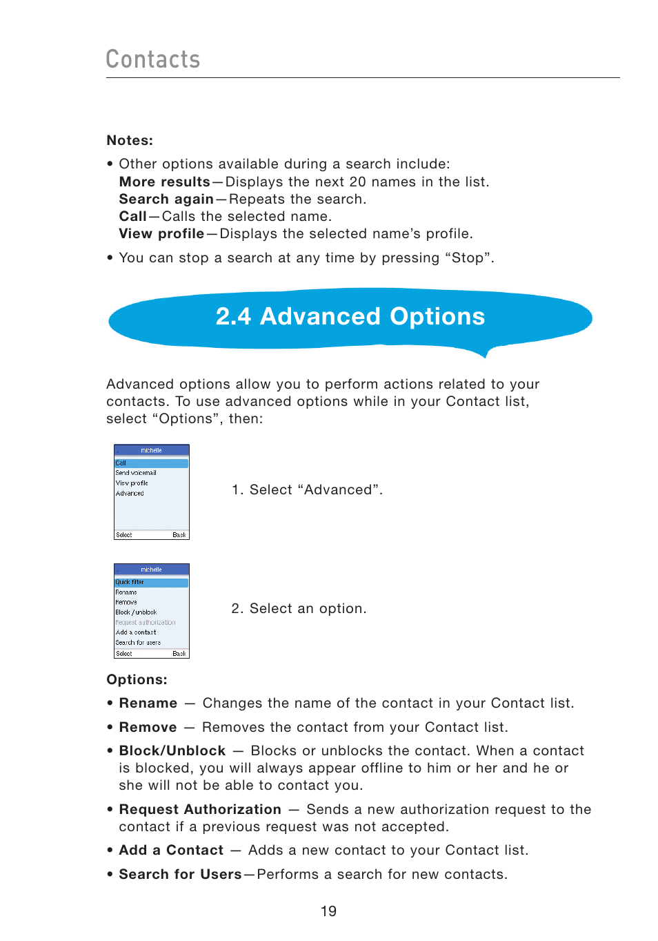 Contacts, 4 advanced options | Belkin Wi-Fi Phone for Skype F1PP000GN-SK User Manual | Page 23 / 50