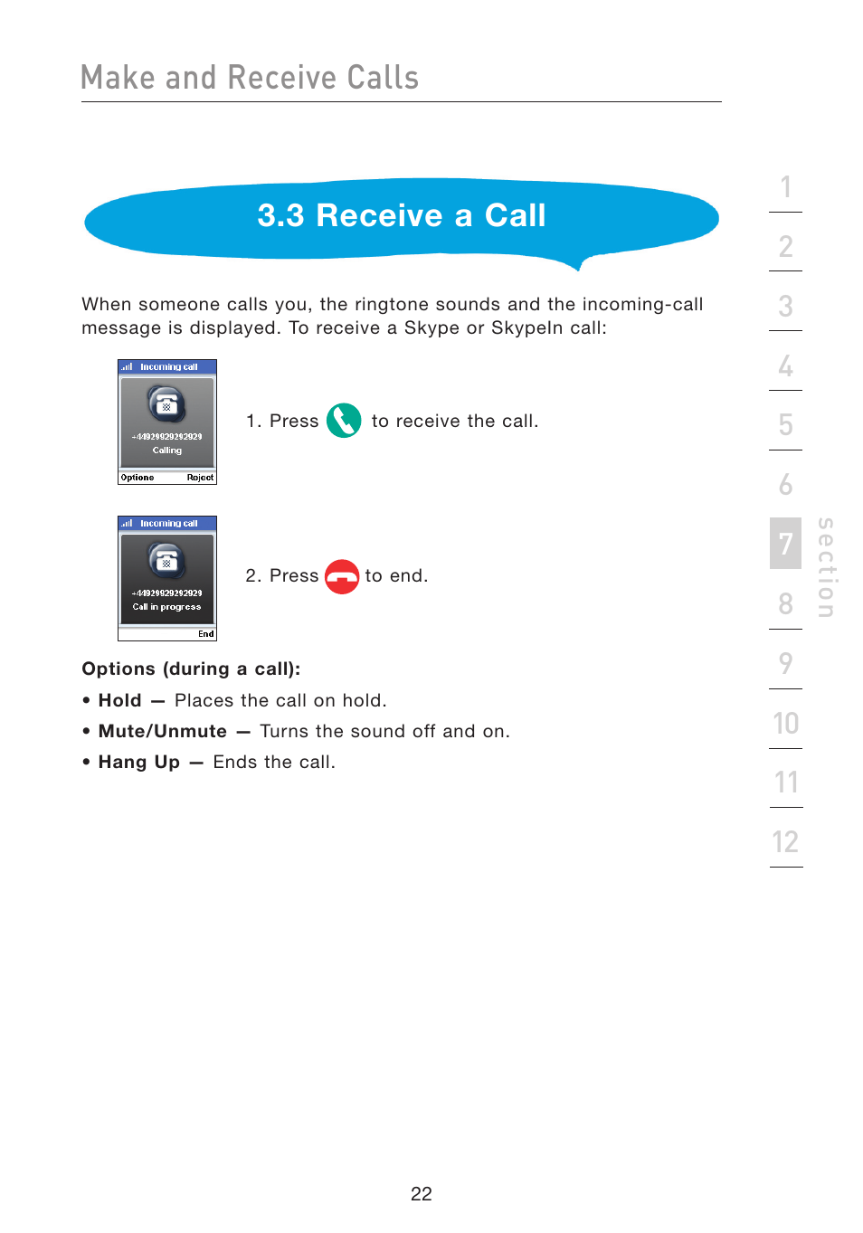 Make and receive calls, 3 receive a call | Belkin Wi-Fi Phone for Skype F1PP000GN-SK User Manual | Page 26 / 50