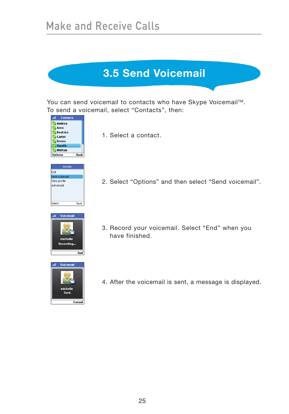 Make and receive calls, 5 send voicemail | Belkin Wi-Fi Phone for Skype F1PP000GN-SK User Manual | Page 29 / 50
