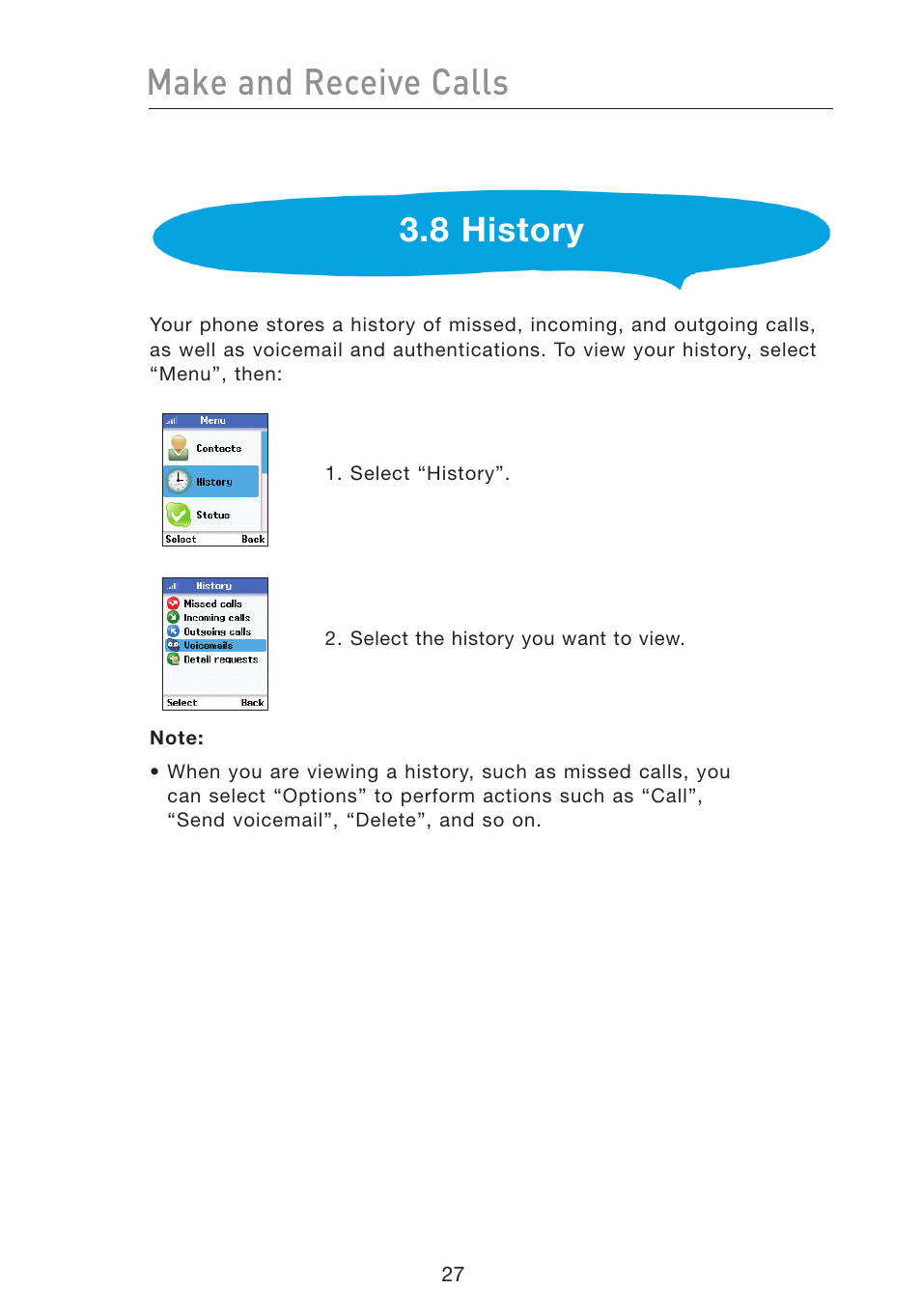 Make and receive calls, 8 history | Belkin Wi-Fi Phone for Skype F1PP000GN-SK User Manual | Page 31 / 50