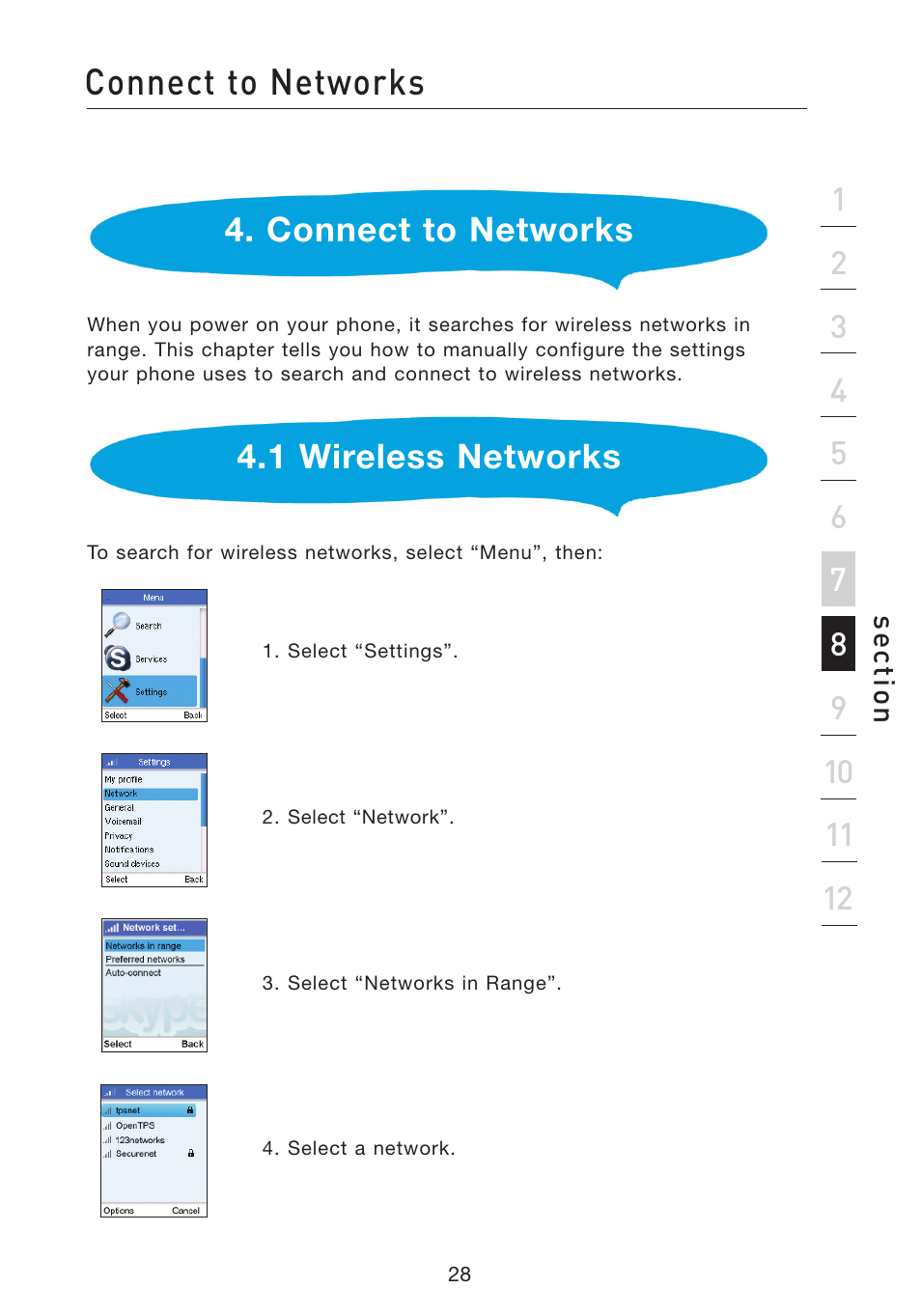 Connect to networks, 1 wireless networks | Belkin Wi-Fi Phone for Skype F1PP000GN-SK User Manual | Page 32 / 50