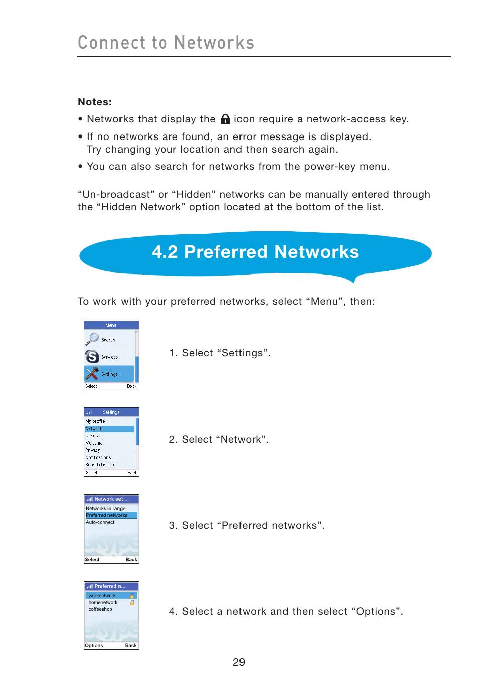 Connect to networks, 2 preferred networks | Belkin Wi-Fi Phone for Skype F1PP000GN-SK User Manual | Page 33 / 50