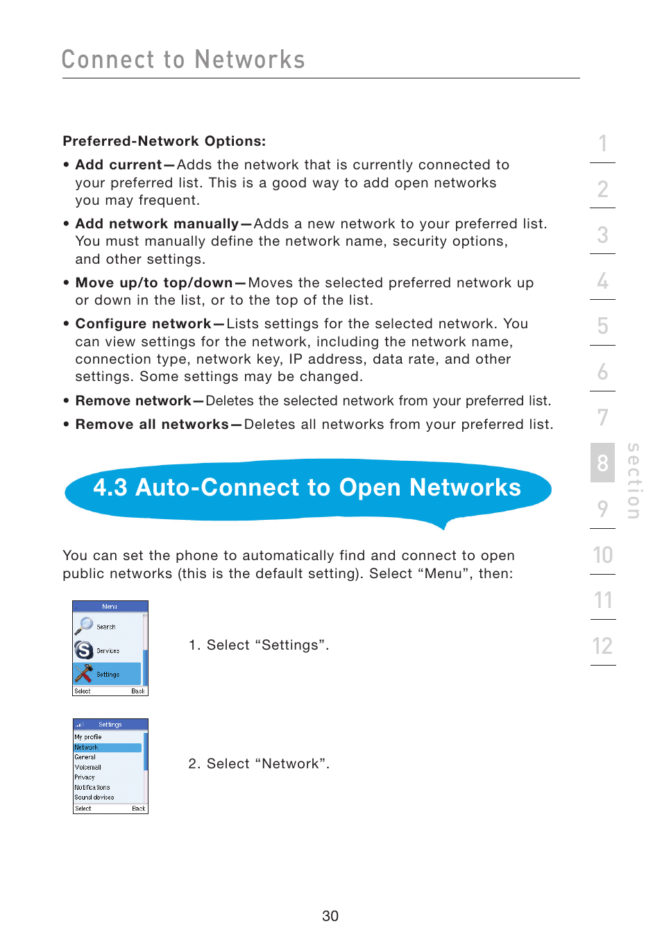 Connect to networks, 3 auto-connect to open networks | Belkin Wi-Fi Phone for Skype F1PP000GN-SK User Manual | Page 34 / 50