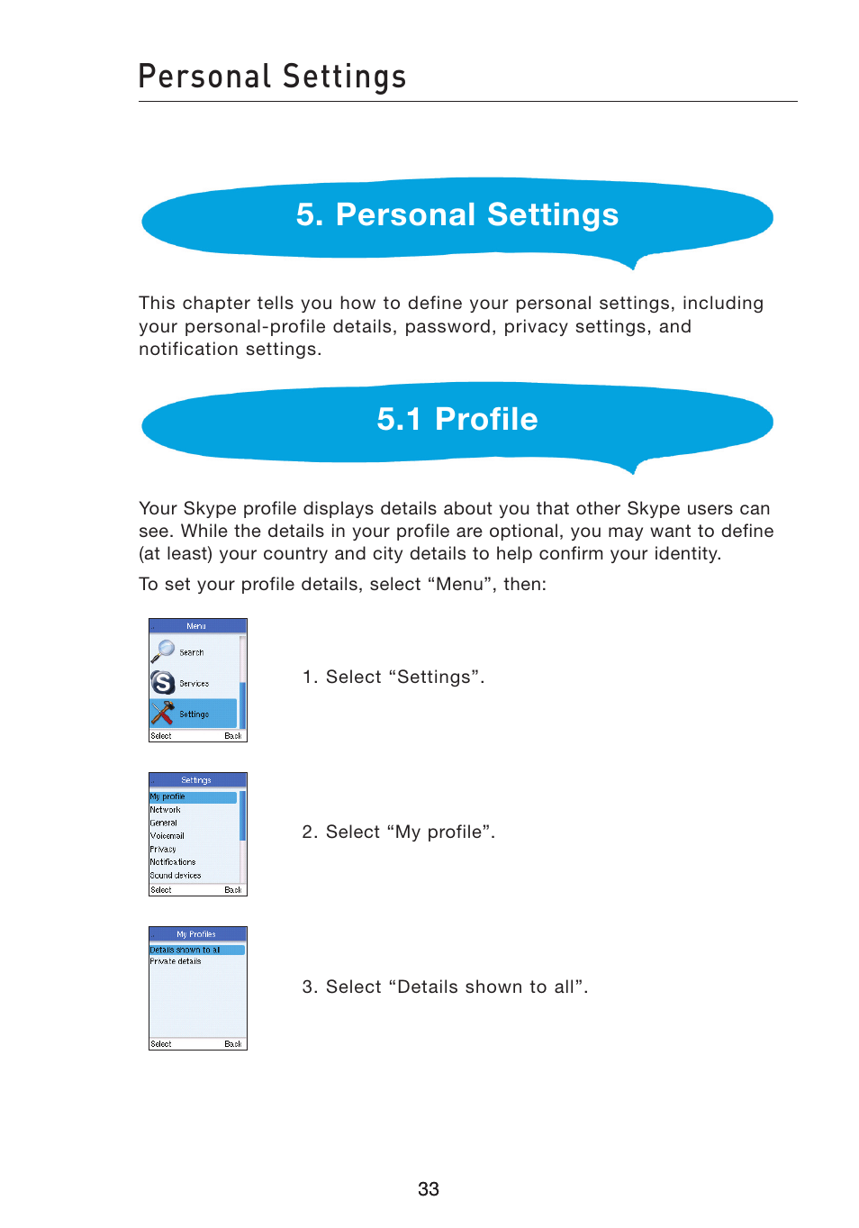 Personal settings, 1 profile | Belkin Wi-Fi Phone for Skype F1PP000GN-SK User Manual | Page 37 / 50