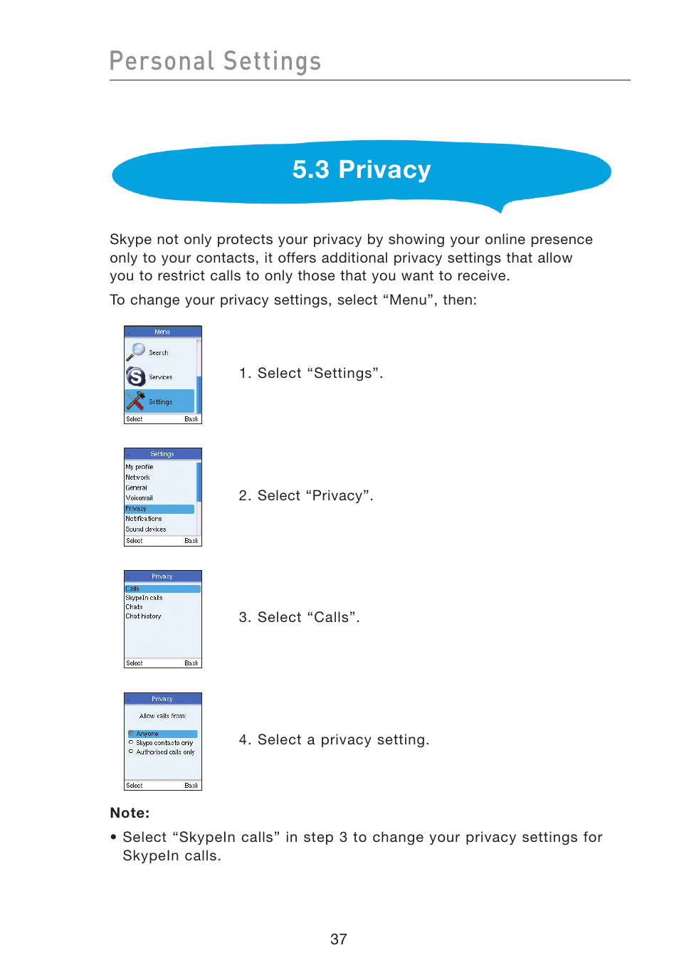 Personal settings, 3 privacy | Belkin Wi-Fi Phone for Skype F1PP000GN-SK User Manual | Page 41 / 50