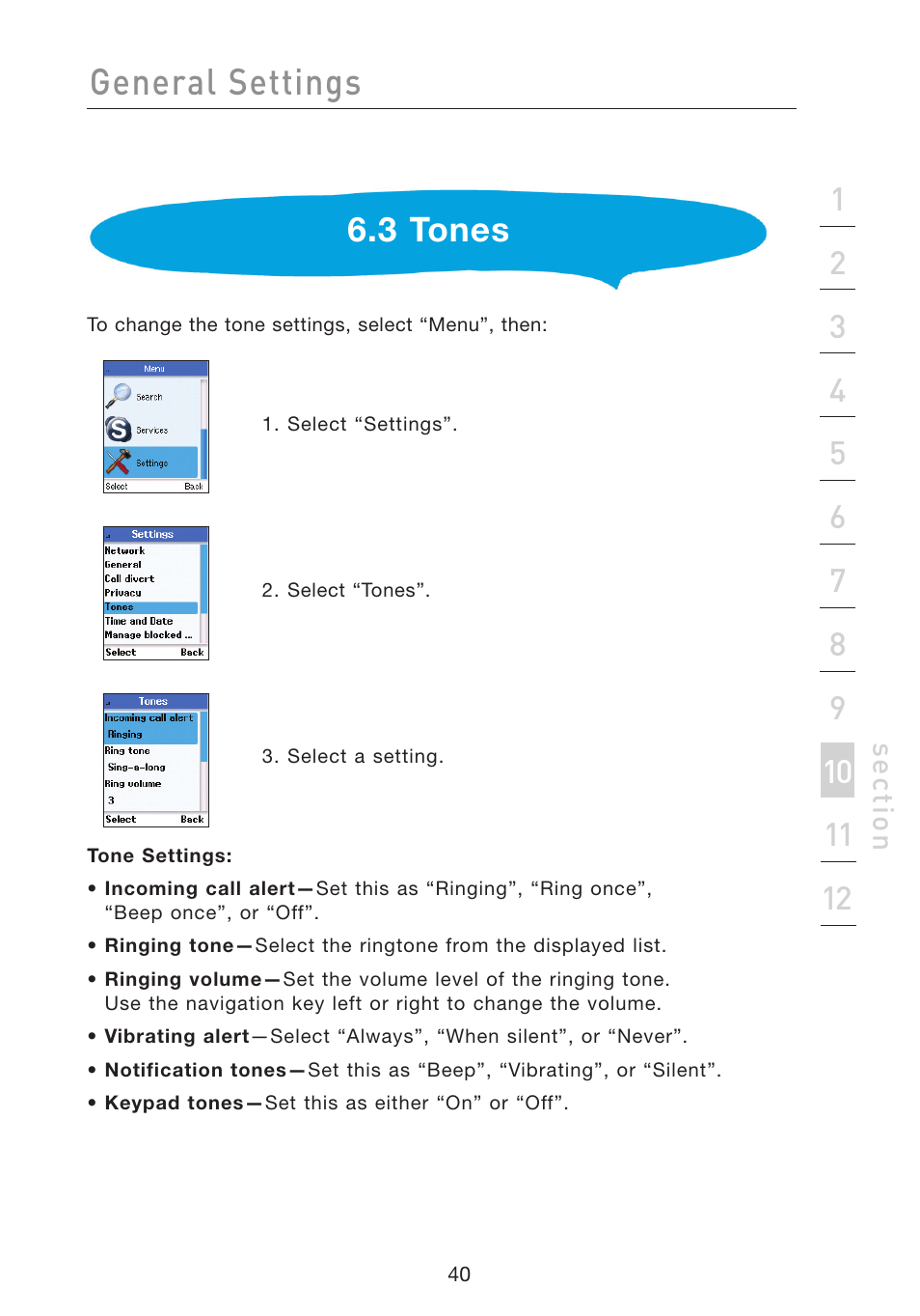 General settings, 3 tones, Se ct io n | Belkin Wi-Fi Phone for Skype F1PP000GN-SK User Manual | Page 44 / 50