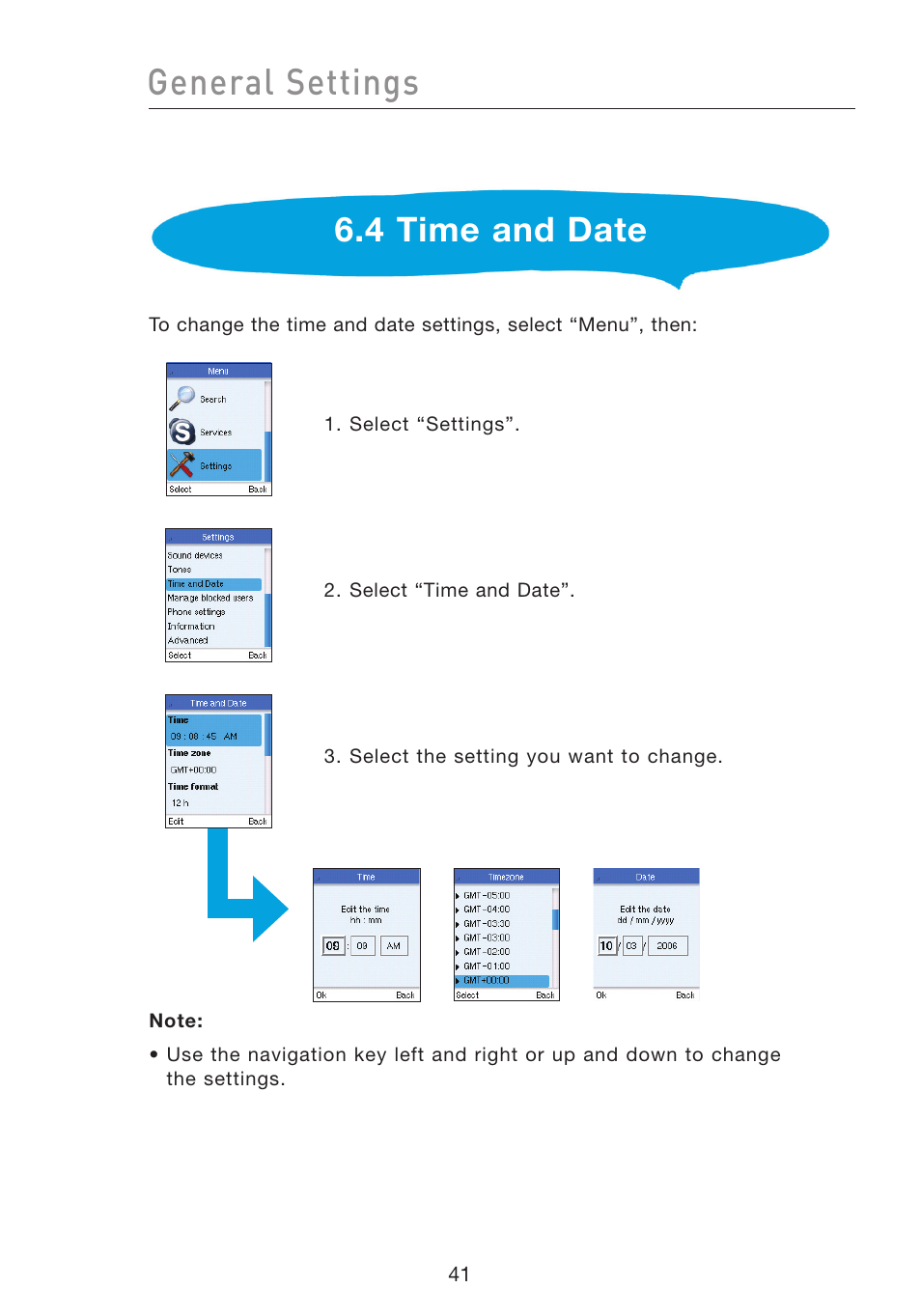 General settings, 4 time and date | Belkin Wi-Fi Phone for Skype F1PP000GN-SK User Manual | Page 45 / 50