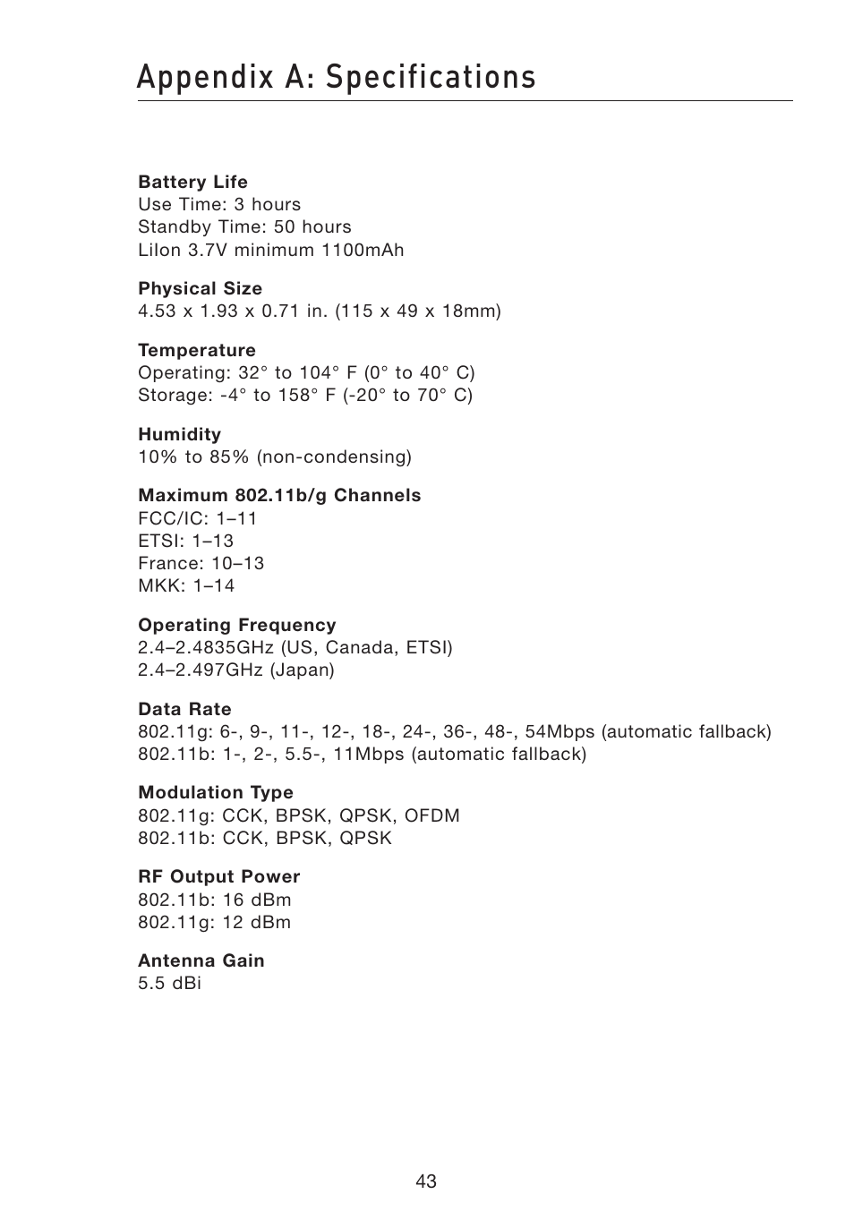 Appendix a: specifications | Belkin Wi-Fi Phone for Skype F1PP000GN-SK User Manual | Page 47 / 50