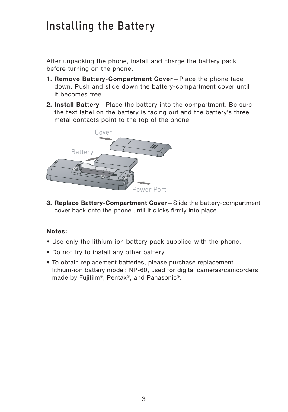 Installing the battery | Belkin Wi-Fi Phone for Skype F1PP000GN-SK User Manual | Page 7 / 50