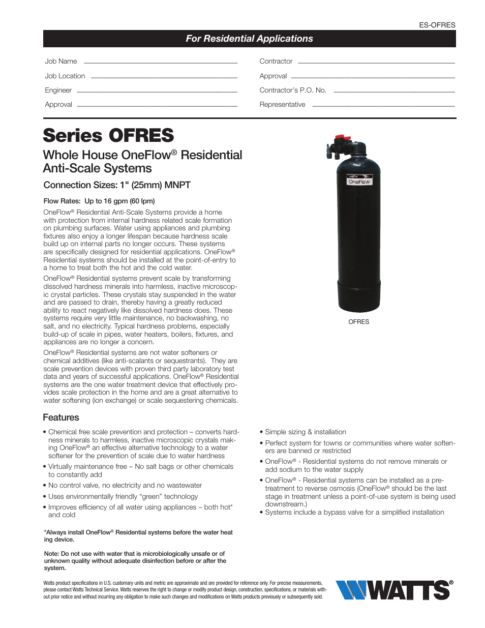 Watts OFRES-1035 User Manual | 2 pages