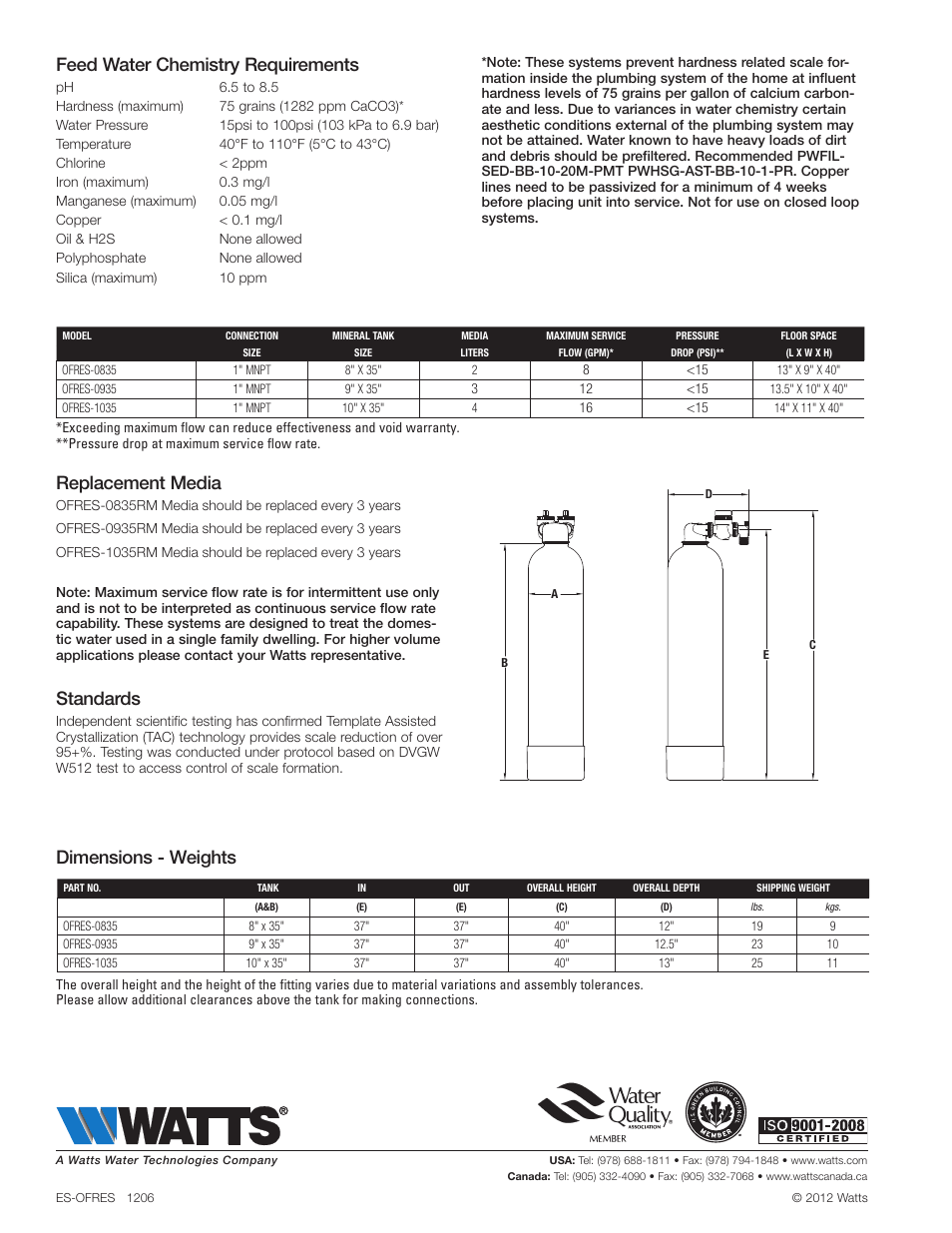 Feed water chemistry requirements, Dimensions - weights, Standards | Replacement media | Watts OFRES-1035 User Manual | Page 2 / 2