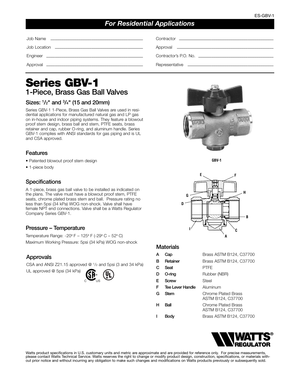 Watts GBV-1 User Manual | 2 pages