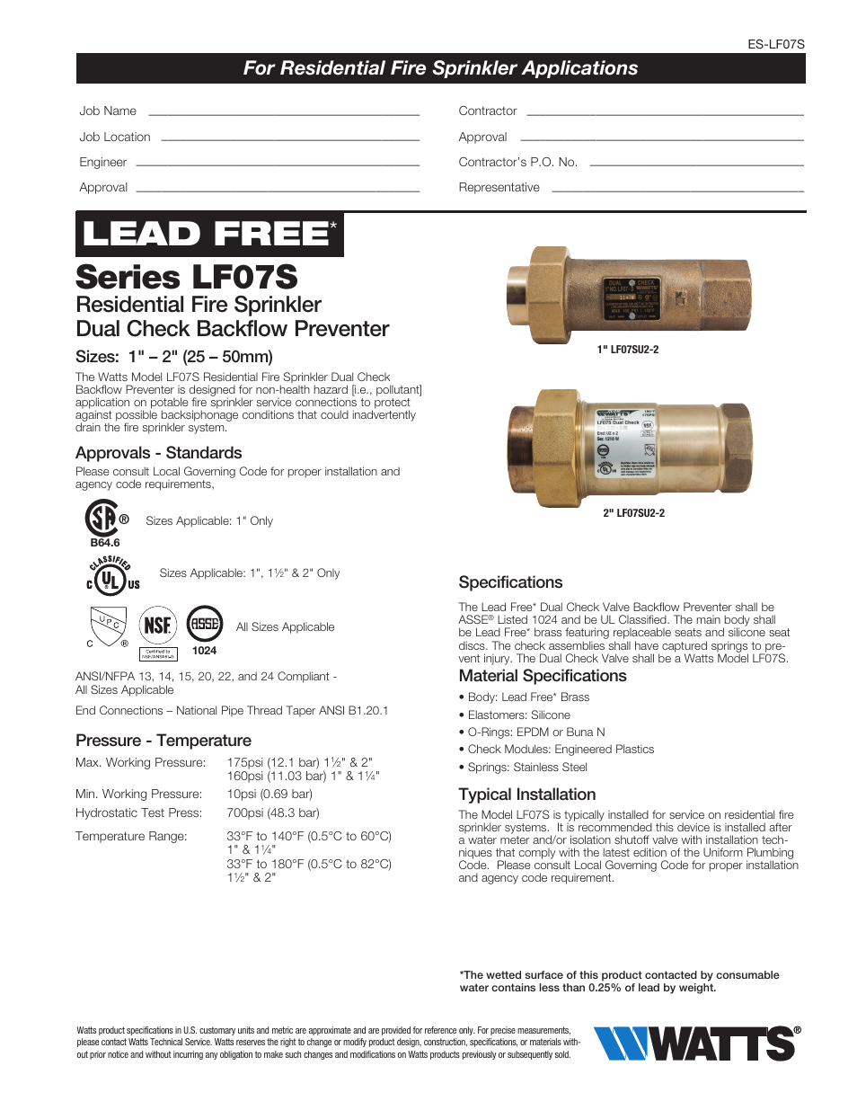 Watts LF07S User Manual | 2 pages