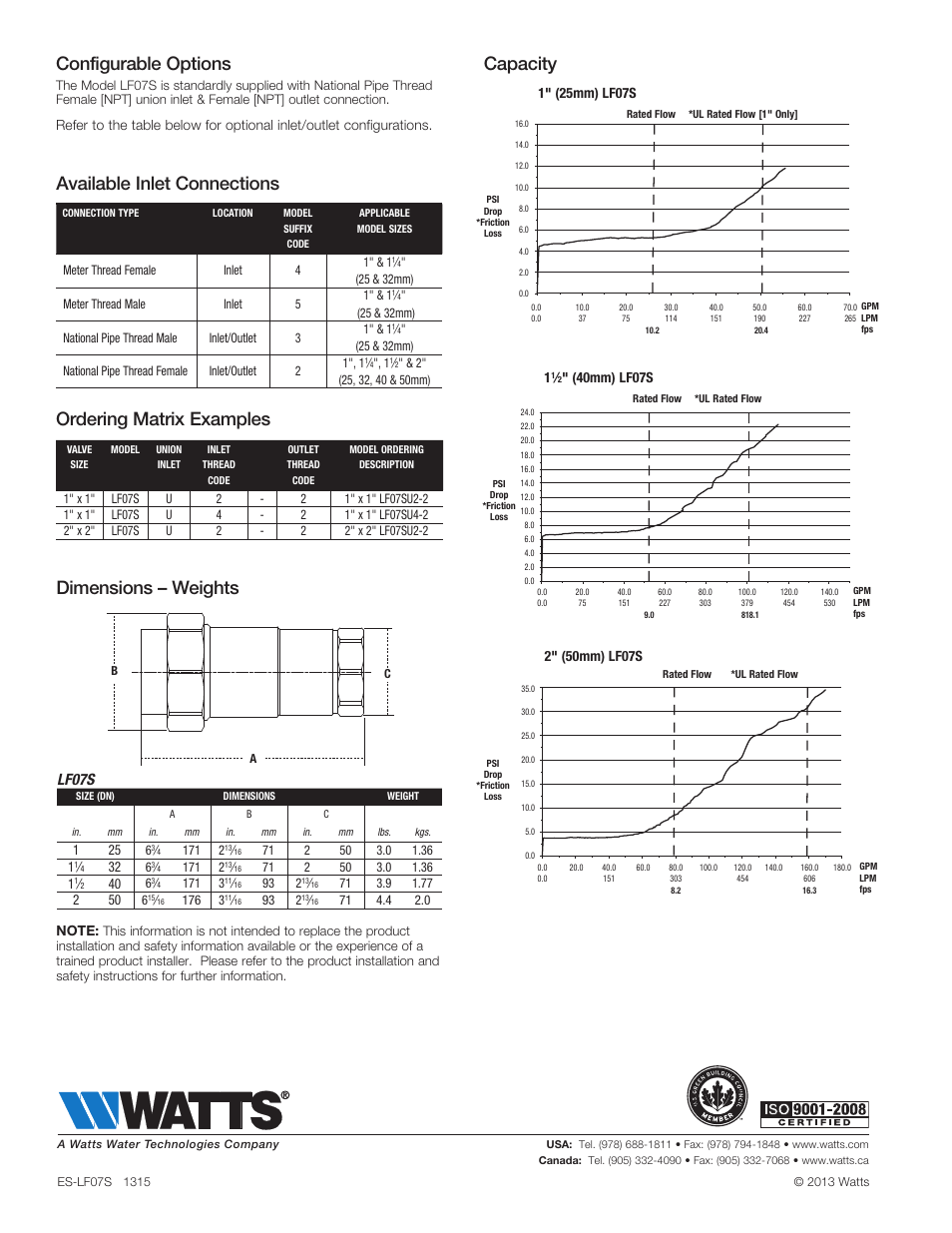 Dimensions – weights capacity, Available inlet connections, Ordering matrix examples | Configurable options, Lf07s | Watts LF07S User Manual | Page 2 / 2