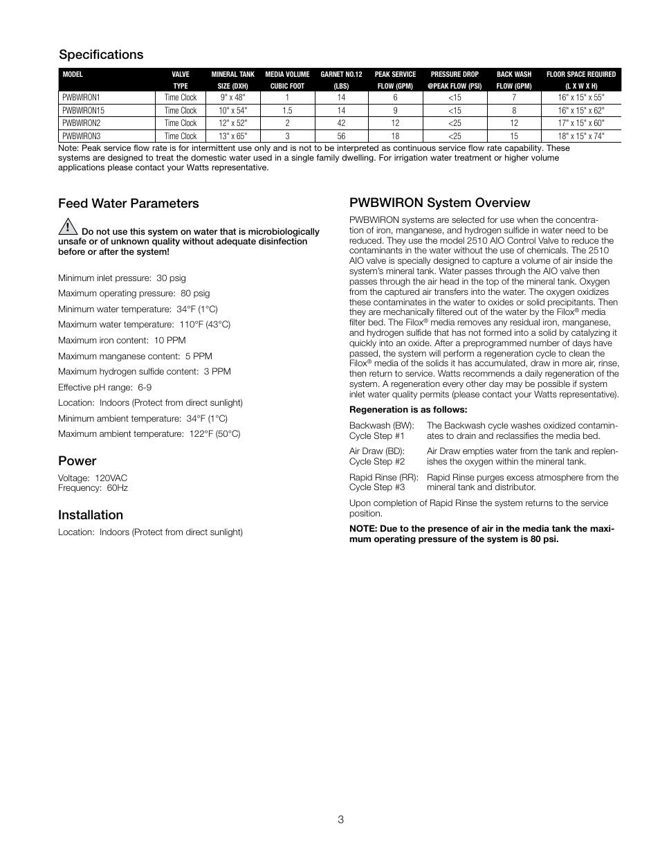 Specifications feed water parameters, Power, Installation | Pwbwiron system overview | Watts PWBWIRON User Manual | Page 3 / 8