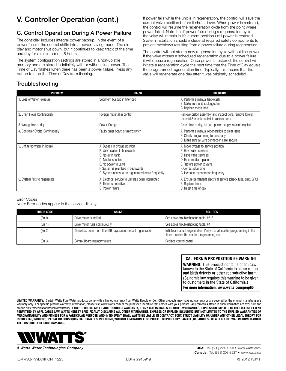 V. controller operation (cont.), C. control operation during a power failure, Troubleshooting | Watts PWBWIRON User Manual | Page 8 / 8