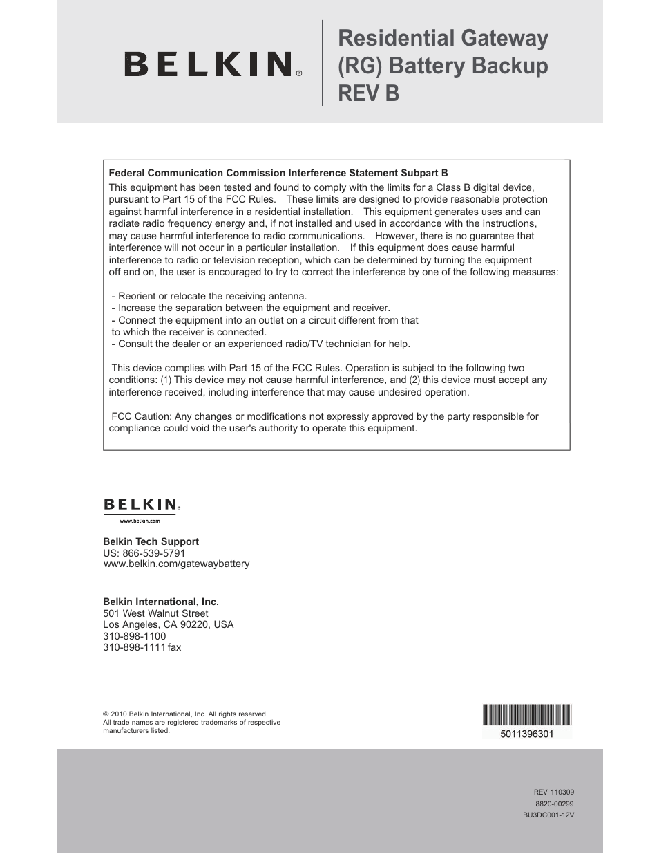 Residential gateway (rg) battery backup rev b | Belkin BU3DC001-12V User Manual | Page 6 / 12