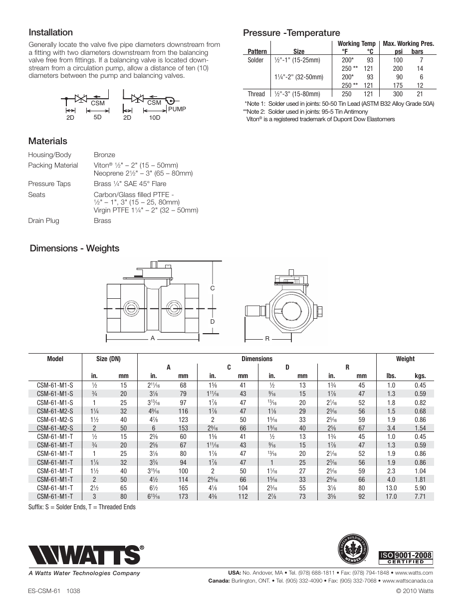 Dimensions - weights materials, Pressure -temperature, Installation | Watts CSM-61 User Manual | Page 2 / 2