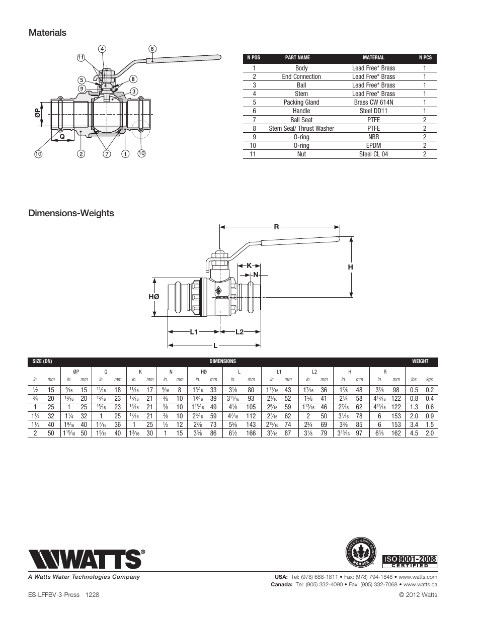 Dimensions-weights materials | Watts LFFBV-3-Press User Manual | Page 2 / 2