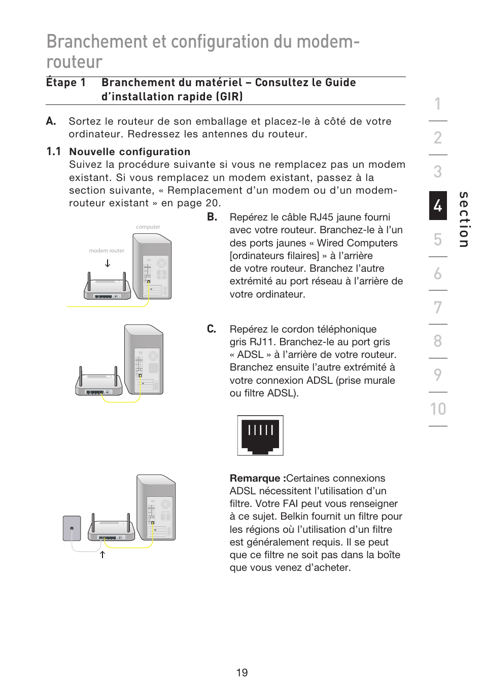 Branchement et configuration du modem- routeur, Se ct io n | Belkin F5D8633-4 User Manual | Page 122 / 606