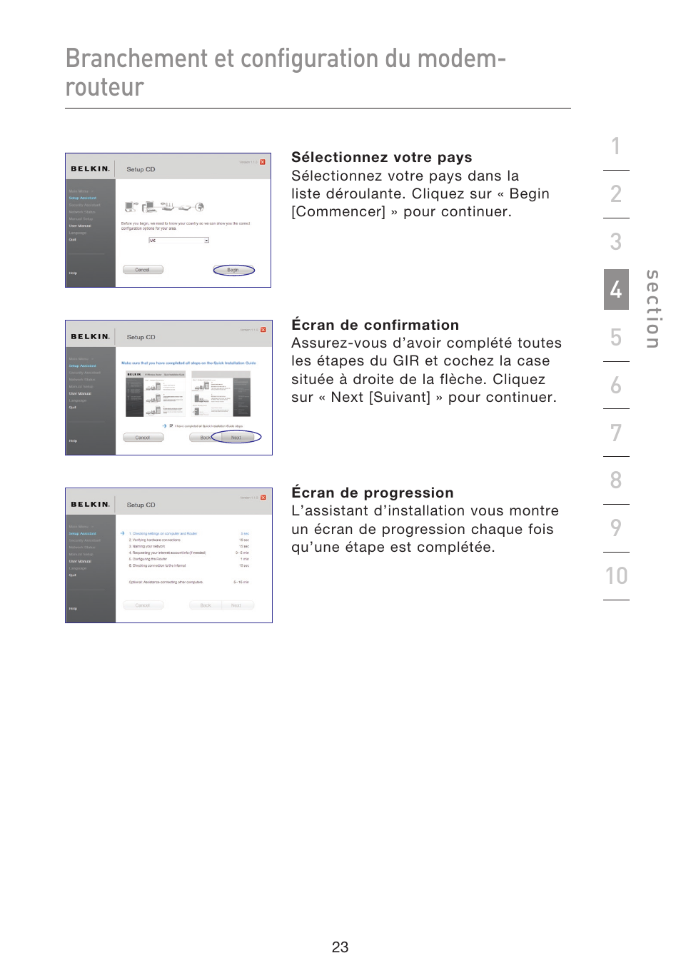 Branchement et configuration du modem- routeur | Belkin F5D8633-4 User Manual | Page 126 / 606