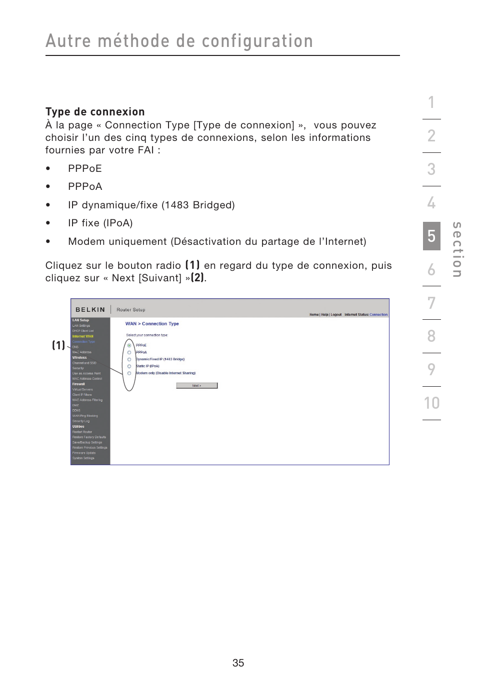 Autre méthode de configuration, Se ct io n | Belkin F5D8633-4 User Manual | Page 138 / 606