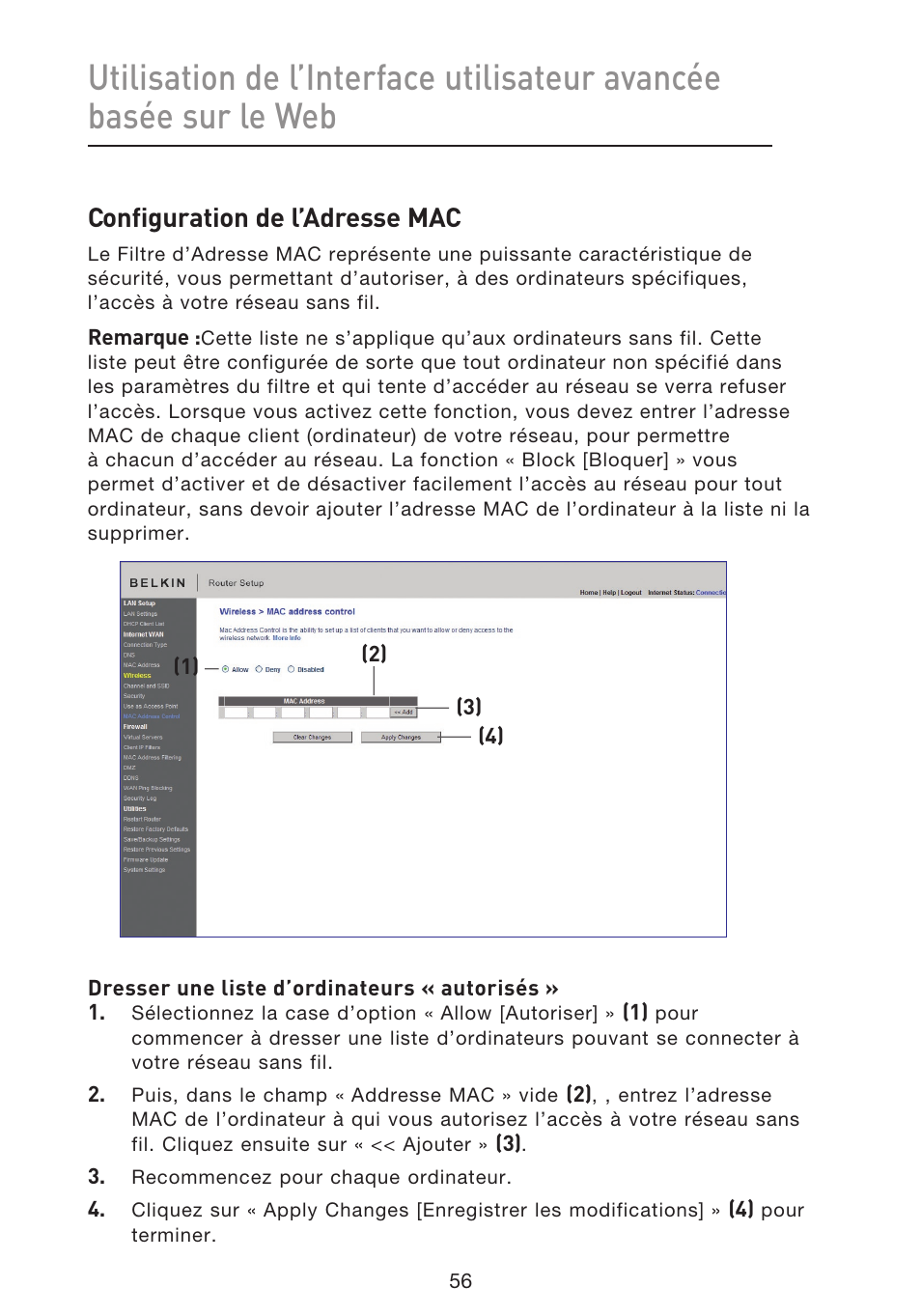 Configuration de l’adresse mac | Belkin F5D8633-4 User Manual | Page 159 / 606