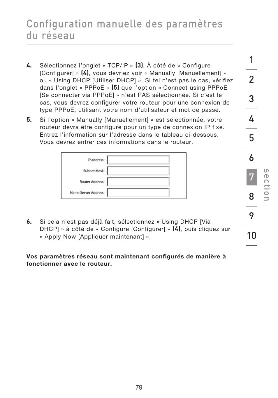 Configuration manuelle des paramètres du réseau, Se ct io n | Belkin F5D8633-4 User Manual | Page 182 / 606