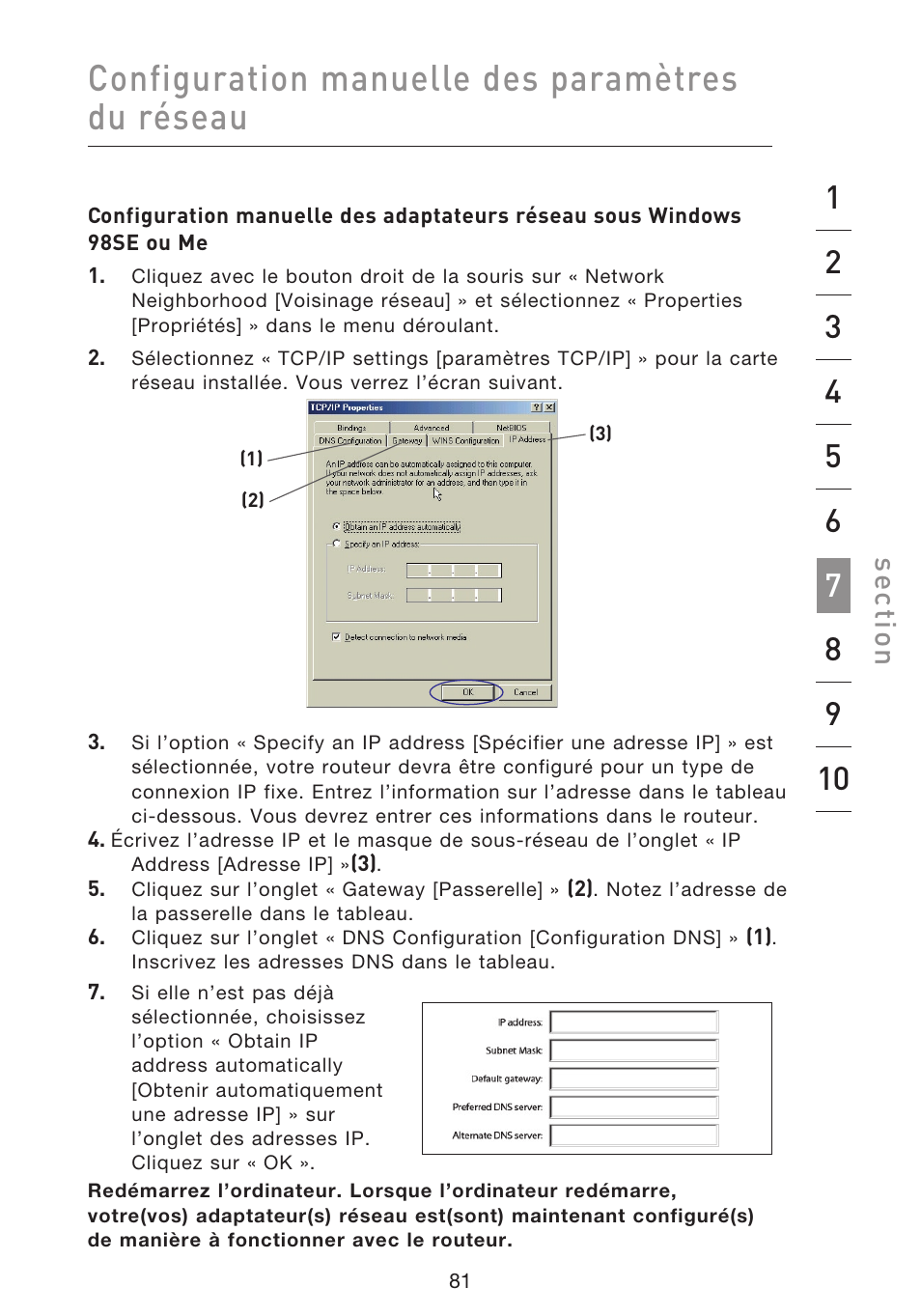 Configuration manuelle des paramètres du réseau, Se ct io n | Belkin F5D8633-4 User Manual | Page 184 / 606