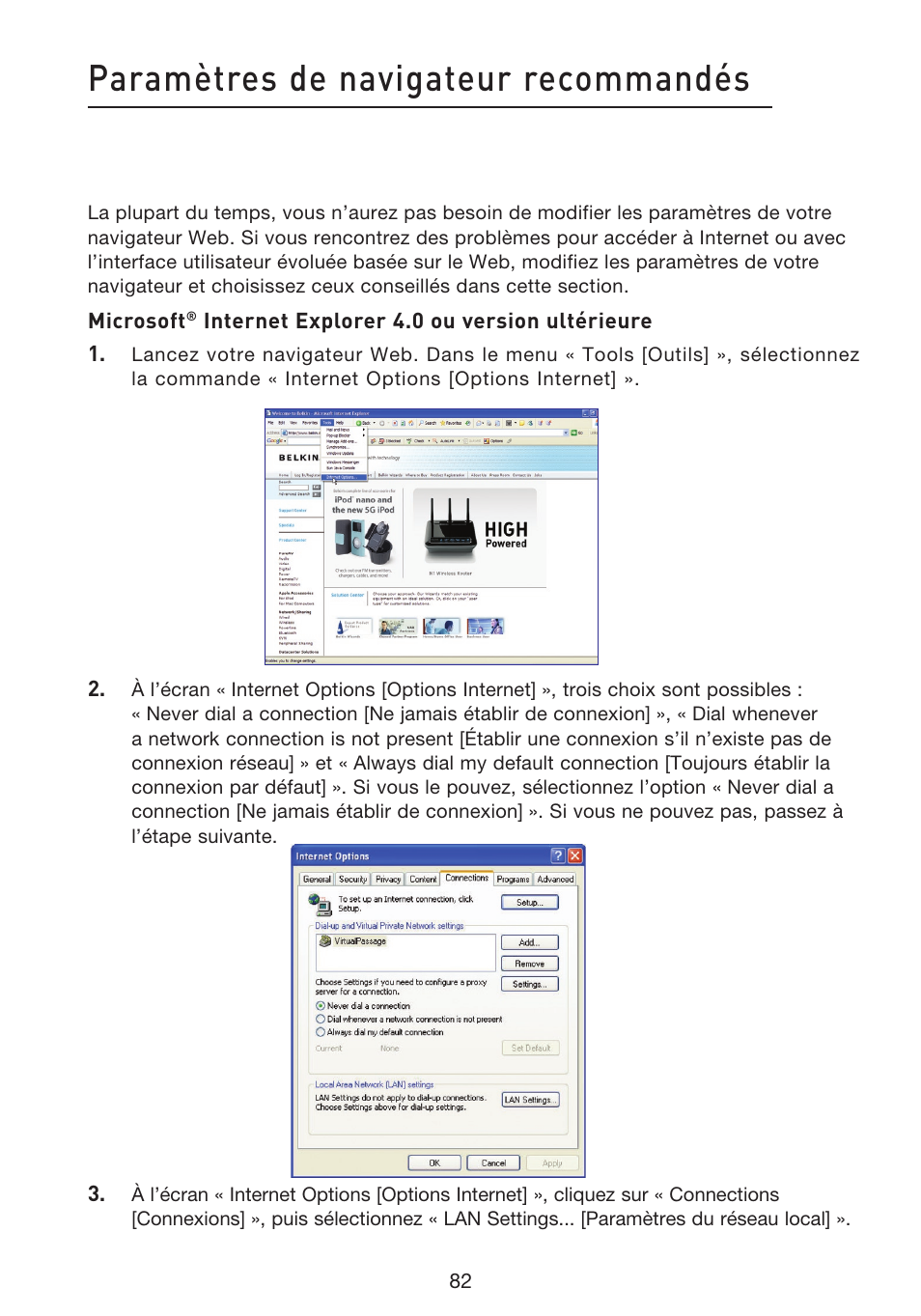Paramètres de navigateur recommandés | Belkin F5D8633-4 User Manual | Page 185 / 606